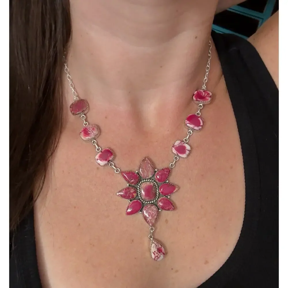Native American SW Sterling Silver Pink Red Jasper Huge Cluster Necklace Lariat